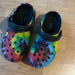 Rainbow fuzzy crocs size 8